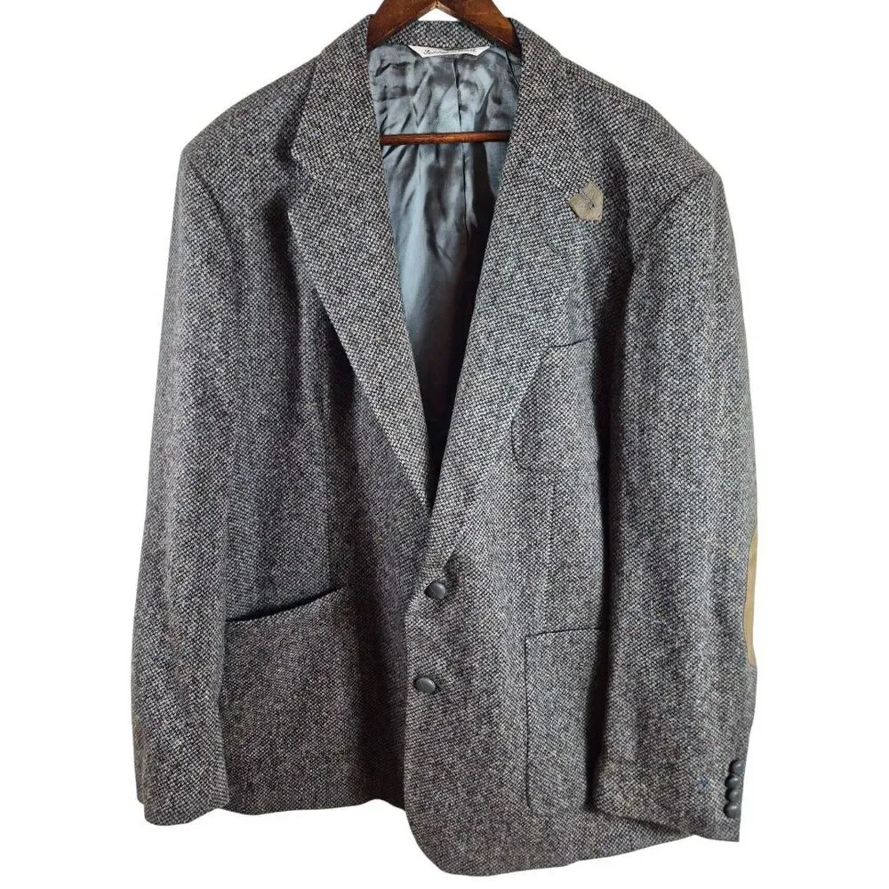 Vtg Donegal Wool Tweed Blazer 48L Suede Elbow Patch Fleck USA Old Money Stafford